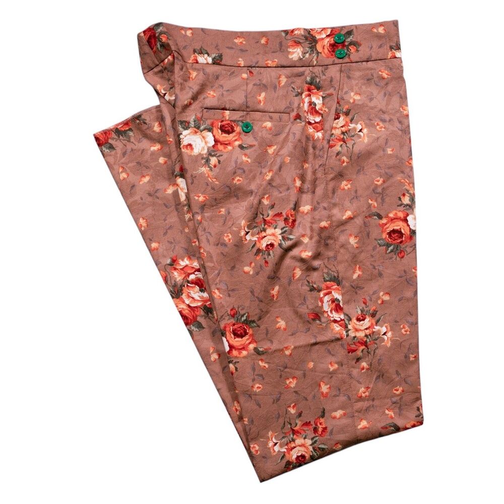 Mens 36 Gurkha Pants Brown Orange Floral Cotton Flat Front Straight Trousers